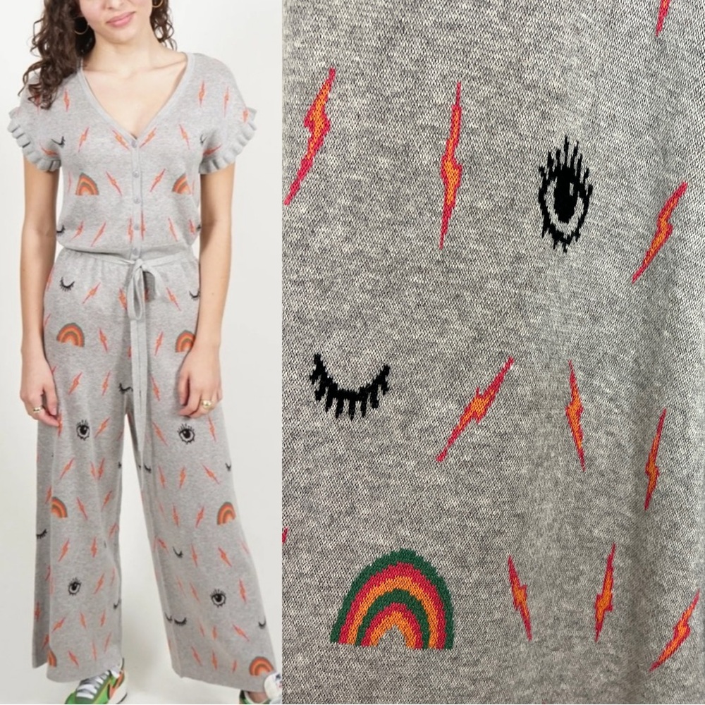 St Geraldine Gray Jumpsuit Lightning Bolt Rainbow Kidcore XS